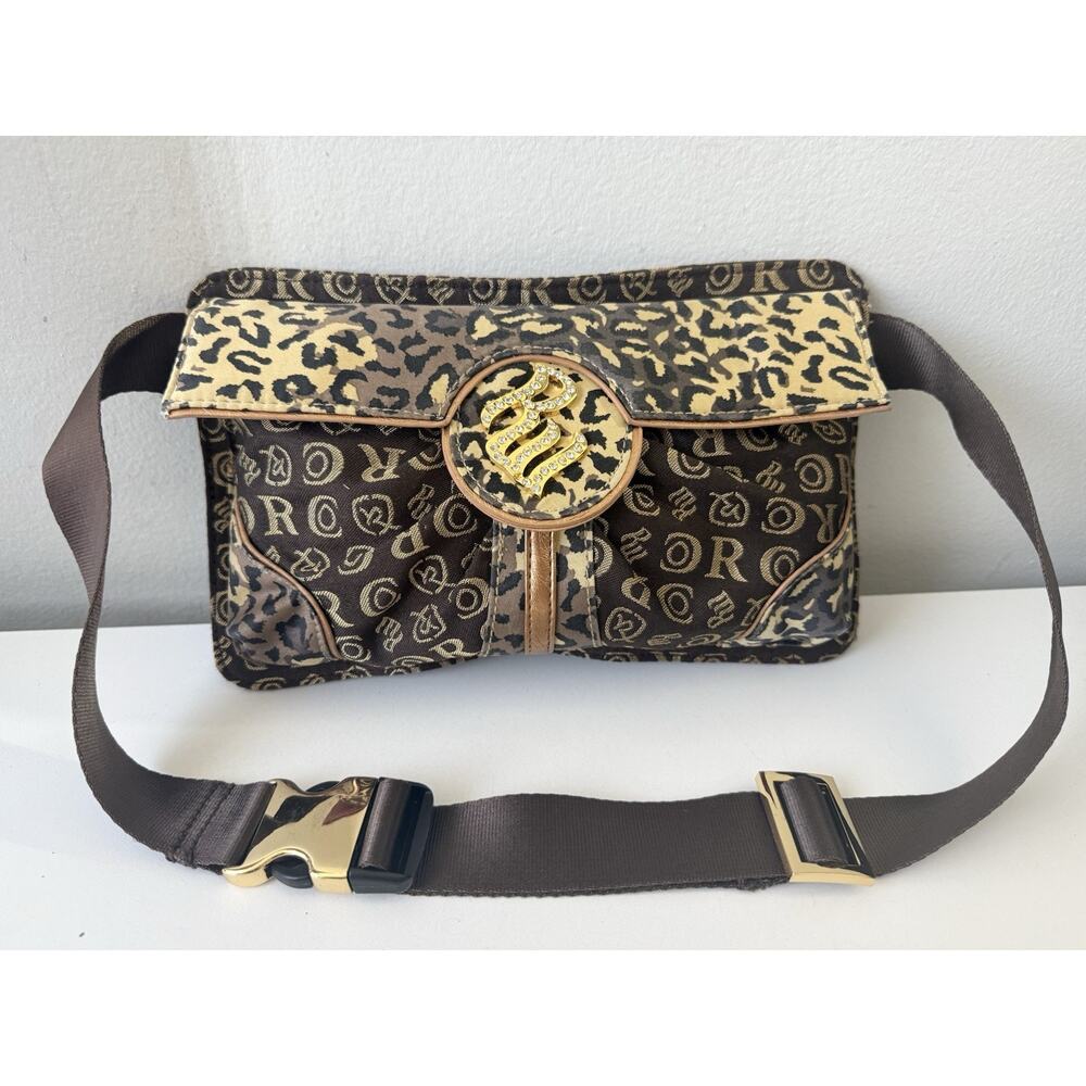 Y2K Rocawear Leopard Print Belt Bag Brown Monogram Waist Bag Rhinestone Logo